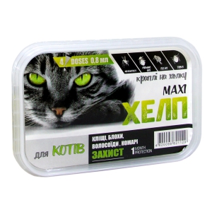 Капли Хелп Макси для кошек весом до 6 кг от клещей, блох, власоедов, комаров упаковка №4 пипетки по 0.8мл Круг
