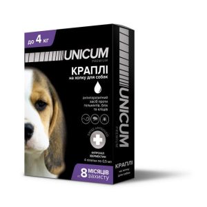 Капли Unicum Complex (Уникум Комплекс) от гельминтов, блох и клещей для собак до 4 кг (упаковка 4 пипетки)