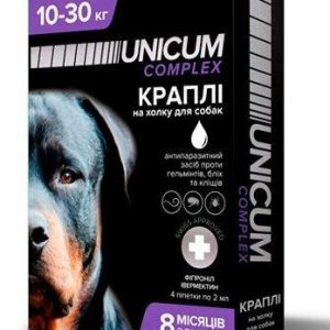 Капли Unicum Complex (Уникум Комплекс) от гельминтов, блох и клещей на холку для собак 10-30 кг упаковка 4 пип
