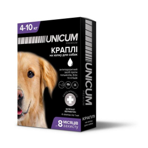 Краплі Unicum Complex від гельмінтів, бліх та кліщів на холку для собак 4-10 кг (упаковка 4 піпетки)
