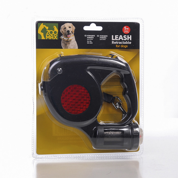 Повідець рулетка стрічка чорний з ліхтариком 5м 20кг з контейнером для сміттєвих пакетів MS-3015 BlackZooMax