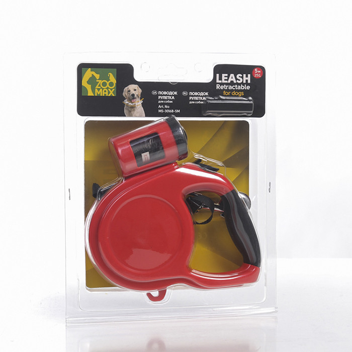 Поводок рулетка лента красный 5м 25кг с контейнером для мусорных пакетов MS-3016B-5M-Red ZooMax
