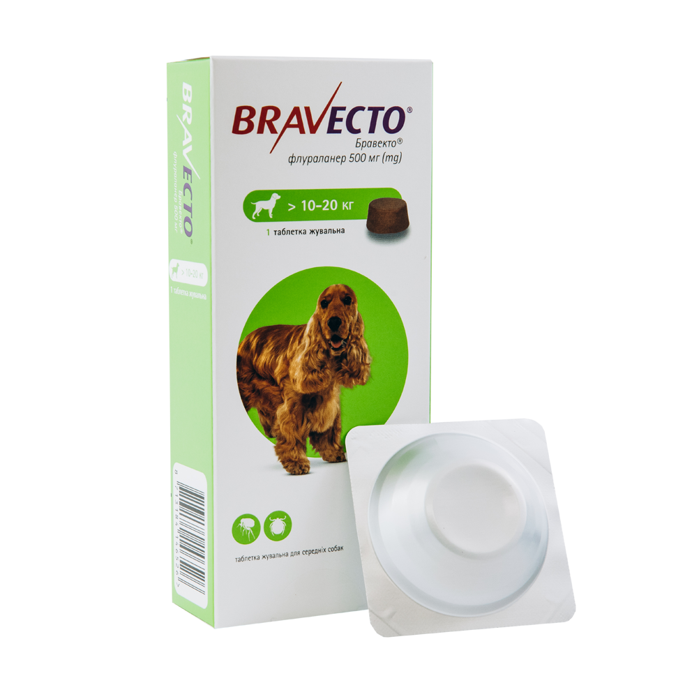 Бравекто (Bravecto) 500 мг 1 таблетка для собак 10-20кг (від блох і кліщів на 3 місяці) MSD Нідерланди (термін до 05.2026 р)