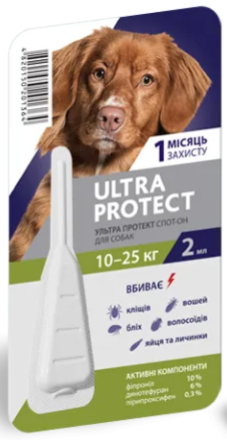 Краплі на холку Ultra Protect (Ультра протект) від бліх та кліщів для собак вагою 10-25 кг