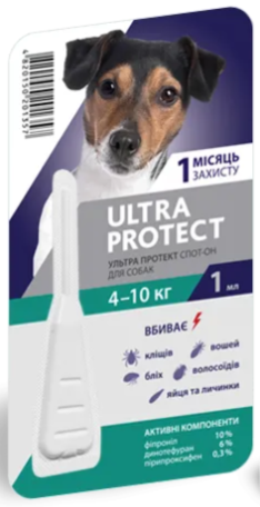 Краплі на холку Ultra Protect (Ультра протект) від бліх та кліщів для собак вагою 4-10 кг