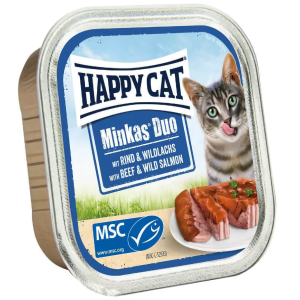 Повноціонний консервований корм Happy Cat Minkas Duo з яловичиною та диким лососем для котів, 100 г