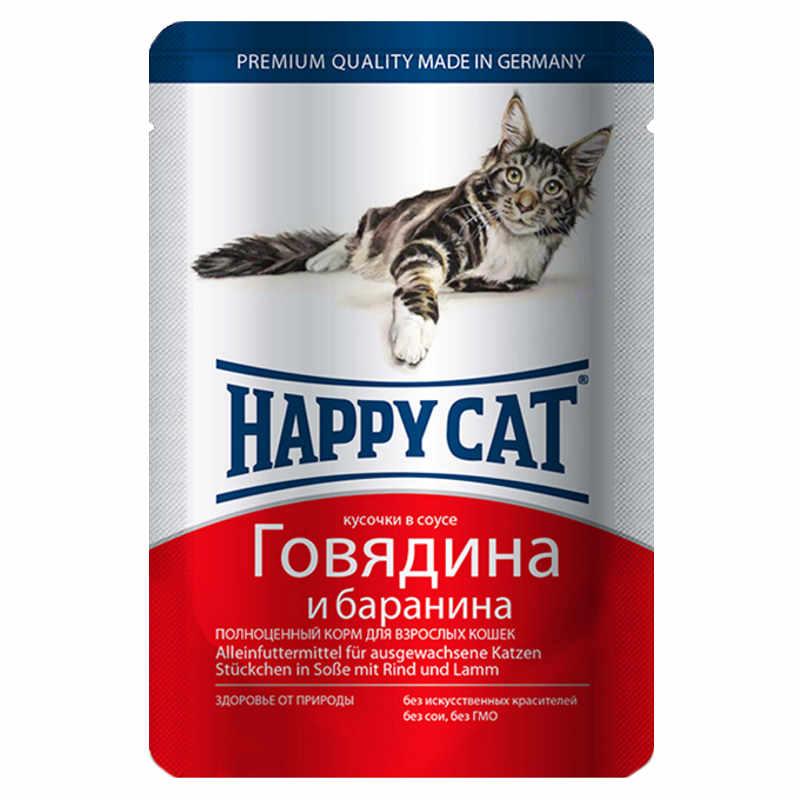 Корм консервований (вологий) Happy Cat з яловичиною та бараниною для кішок (шматочки в соусі), 100 г