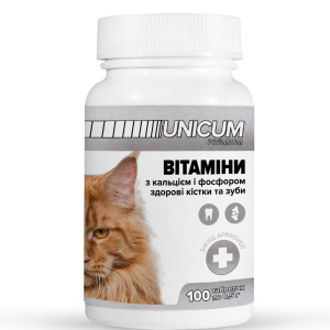 Вітаміни Unicum premium для котів з кальцієм та фосфором для зубів та кісток, 100 таблеток