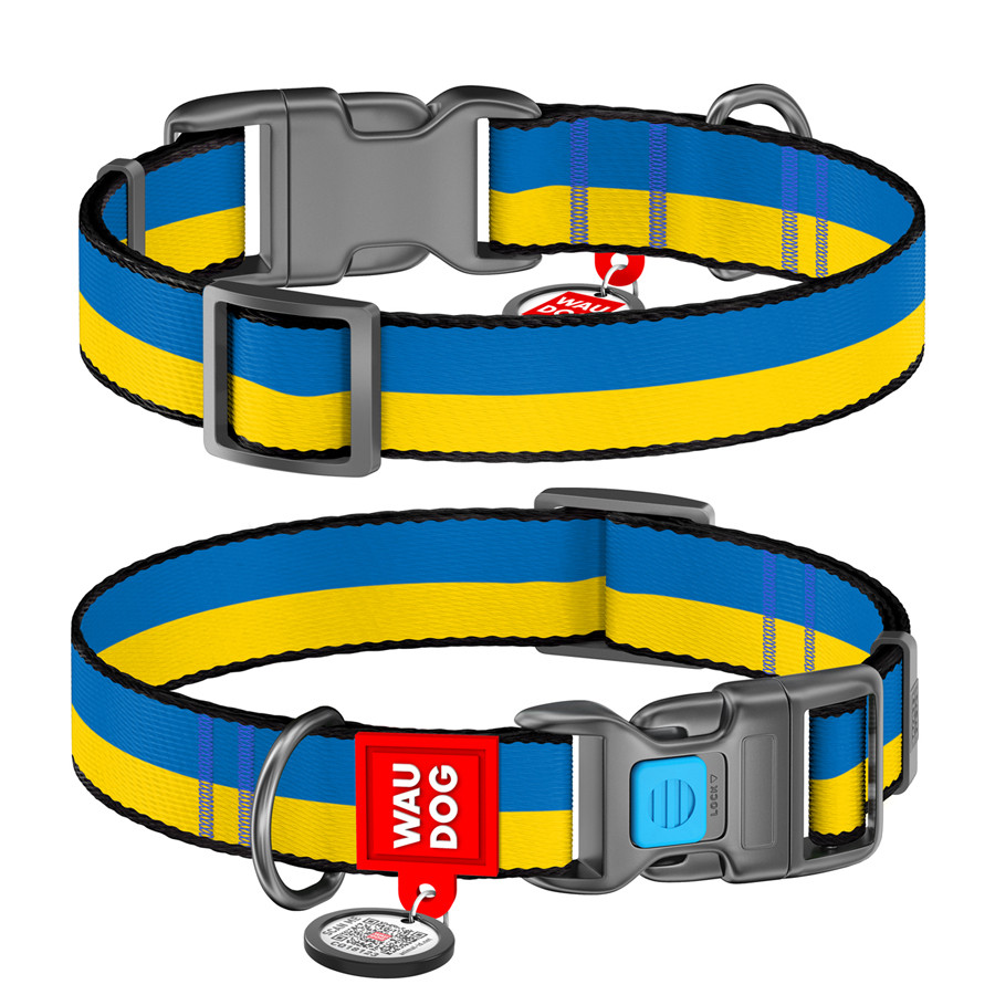Нашийник для собак нейлоновий WAUDOG Nylon з QR-паспортом, малюнок "Colors of freedom", пластиковий фастекс, S