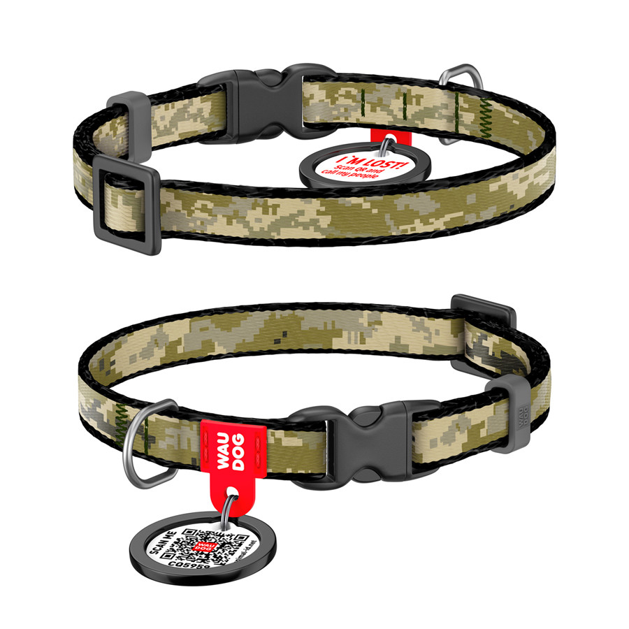 Нашийник для котів і дрібних порід собак нейлоновий WAUDOG Nylon з QR-паспортом, малюнок "Мілітарі", пластиковий