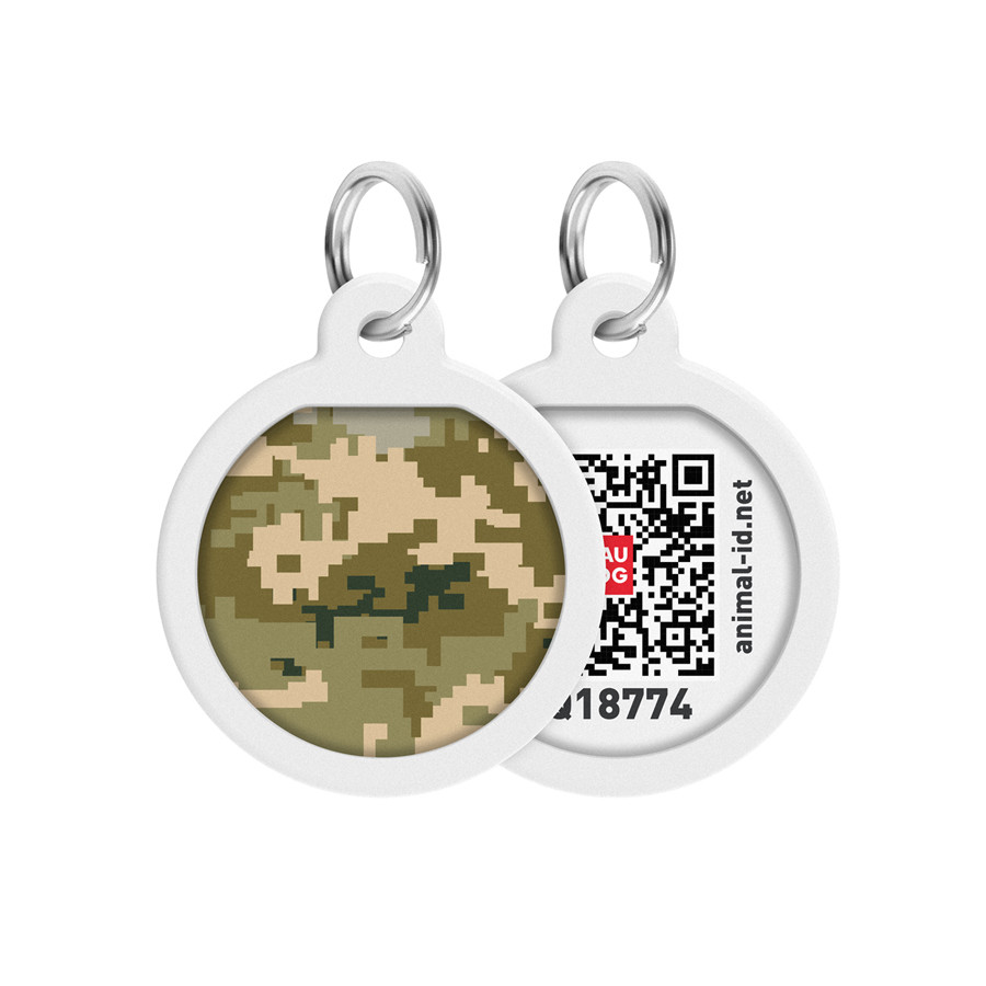 Адресник для собак і котів металевий WAUDOG Smart ID з QR-паспортом, малюнок "Мілітарі", круг, Д 25 мм