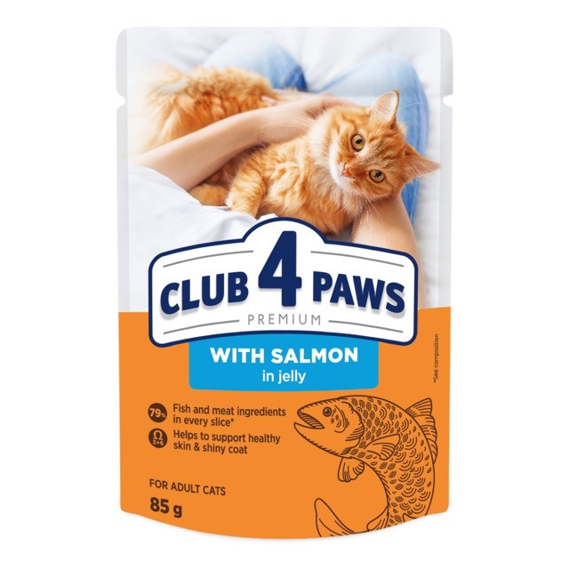 Повнораціонний консервований корм для дорослих кішок CLUB 4 PAWS (Клуб 4 Лапи) Преміум з лососем в желе 85 г
