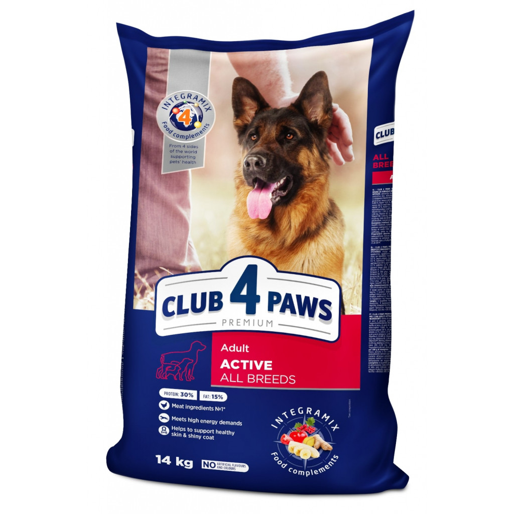 Повнораціонний сухий корм для дорослих собак всіх порід CLUB 4 PAWS (Клуб 4 Лапи) Преміум Актив, 14 кг