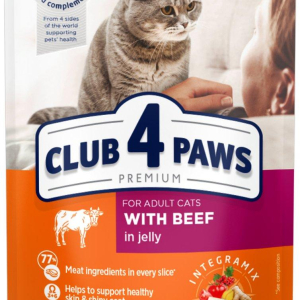 Повнораціонний консервований корм для дорослих кішок CLUB 4 PAWS (Клуб 4 лапи) Преміум з яловичиною в желе, 100 г