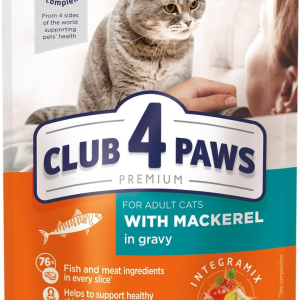 Повнораціонний консервований корм для дорослих кішок CLUB 4 PAWS (Клуб 4 Лапи) Преміум з макреллю в соусі, 100 г