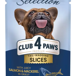Корм для собак малих порід CLUB 4 PAWS (Клуб 4 Лапи) Premium Plus Selection шматочки з лососем та макреллю в соусі, 85 г