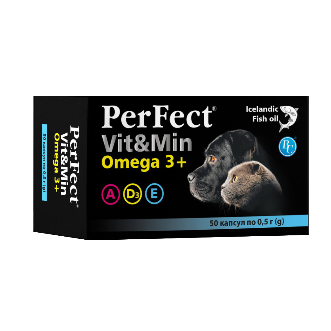 Добавка PerFect для собак та котів Vit&Min Omega 3 + (50 капсул по 0.5 г), Витсинтез