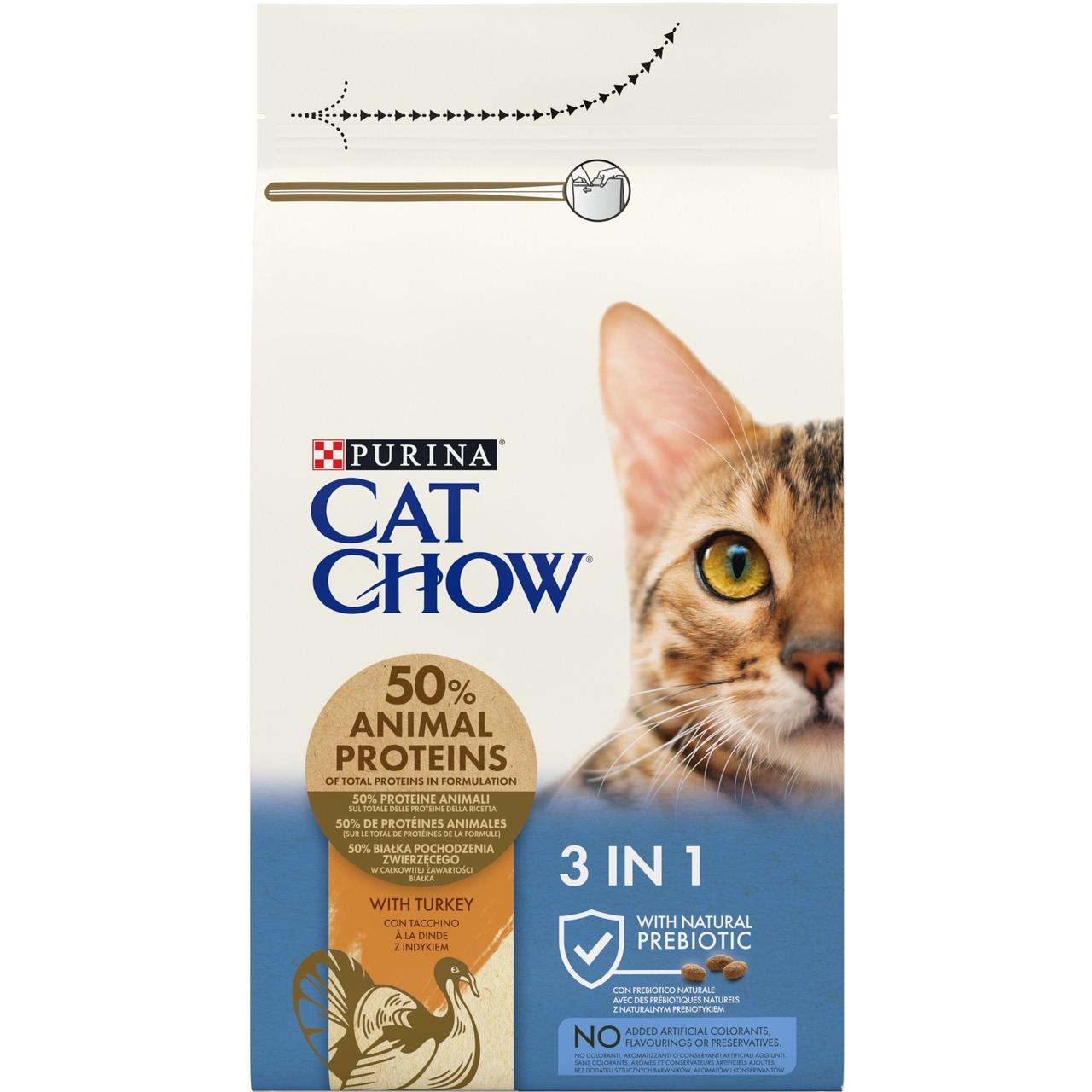 Сухий корм для дорослих котів Cat Chow Feline 3 in 1 з формулою потрійної дії з індичкою 1.5 кг