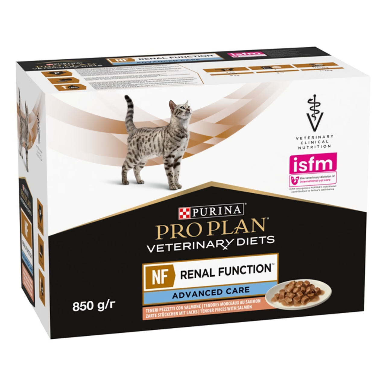 Упаковка Purina Pro Plan Veterinary Diets NF Renal Function Advanced Care при патології нирок для котів  з лососем 10 x 85 г