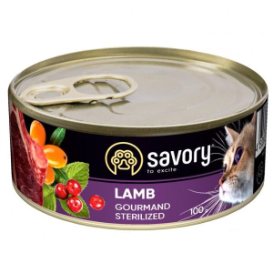 Вологий корм для котів Сейворі Savory Cat Can Adult Sterilised з ягням, 100 г
