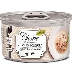 Корм вологий Cherie з шматочками м'яса курки та курячої печінки в соусі 80 г