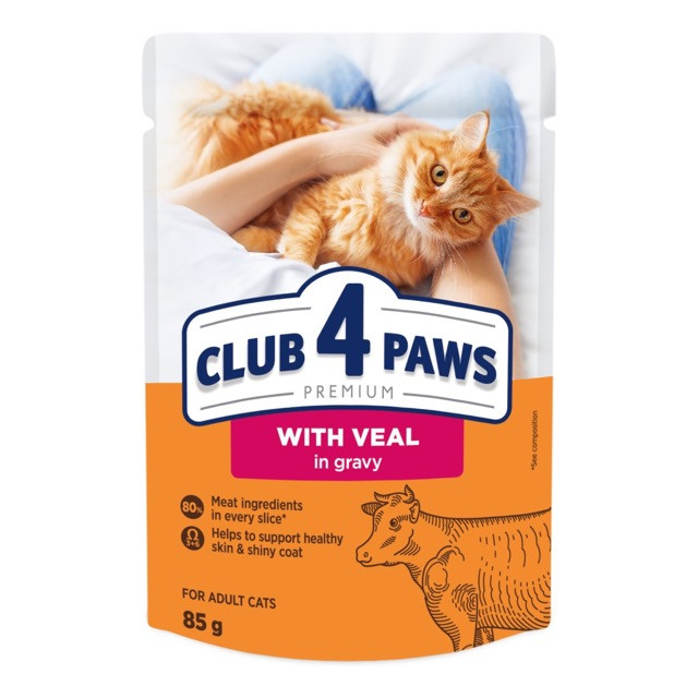 Повнораціонний консервований корм для дорослих кішок CLUB 4 PAWS (Клуб 4 Лапи) Преміум з телятиною в соусі, 85 г