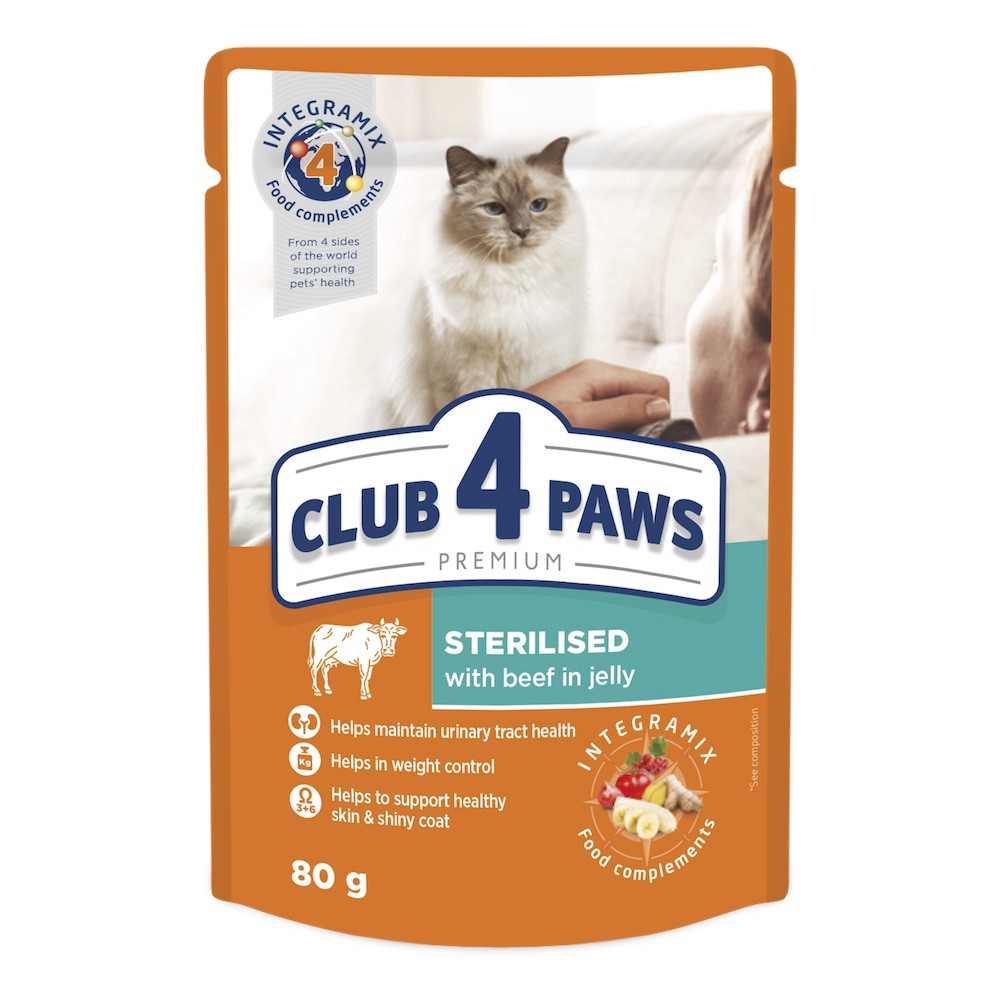 Повнораціонний корм для дорослих стерелызованих кішок CLUB 4 PAWS (Клуб 4 Лапи) Преміум яловичина в желе 80 г