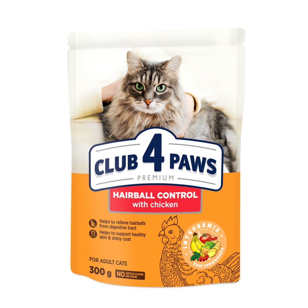 Повнораціонний сухий корм CLUB 4 PAWS (Клуб 4 Лапи) Преміум з ефектом виведення шерсті з травної системи, 300 г