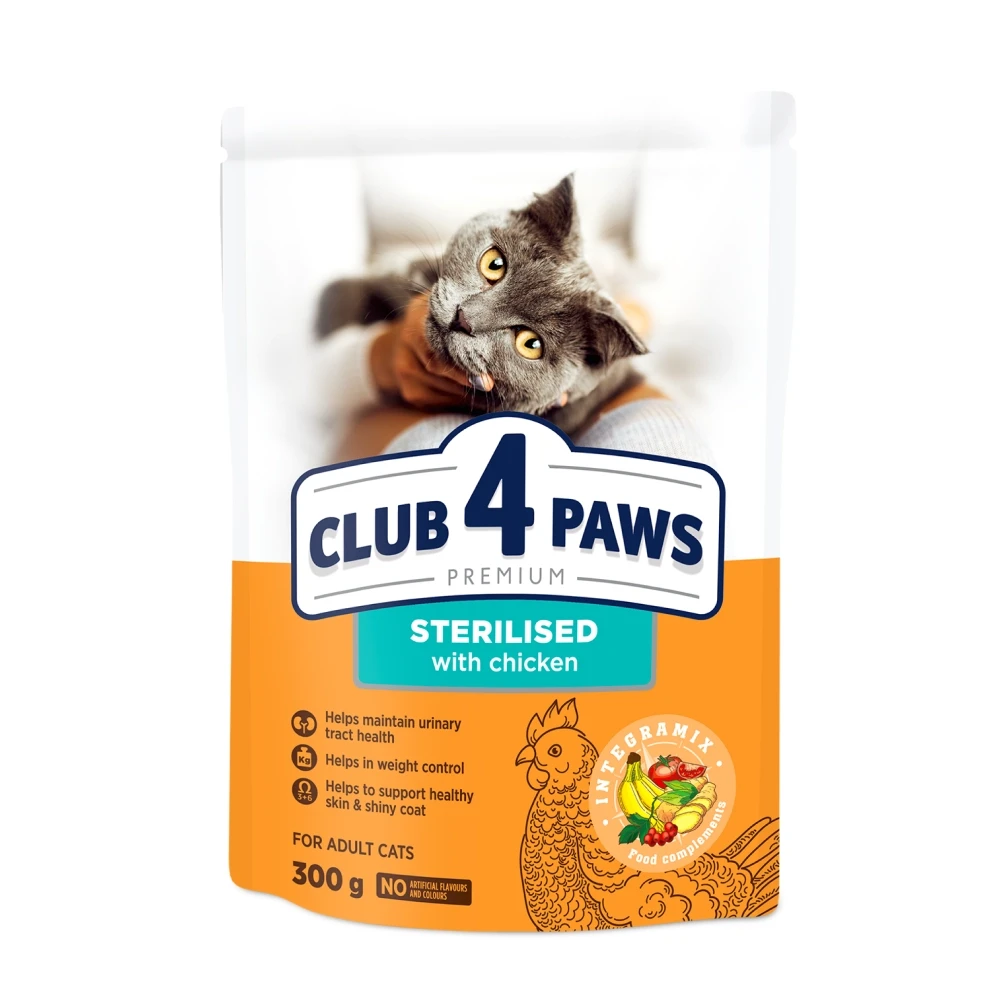Повнораціонний сухий корм для дорослих стерилізованих кішок CLUB 4 PAWS (Клуб 4 Лапи) Преміум, 300 г