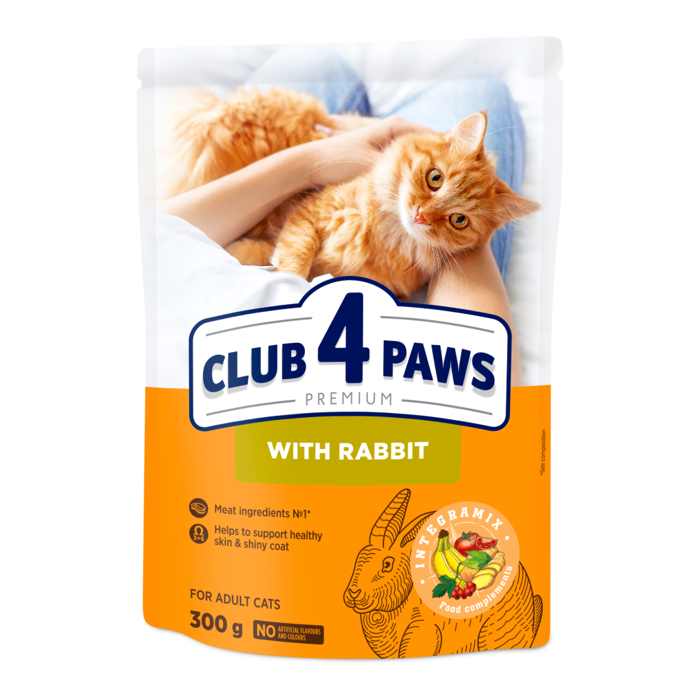 Повнораціонний сухий корм для дорослих кішок CLUB 4 PAWS (Клуб 4 Лапи) Преміум з кроликом, 300 г