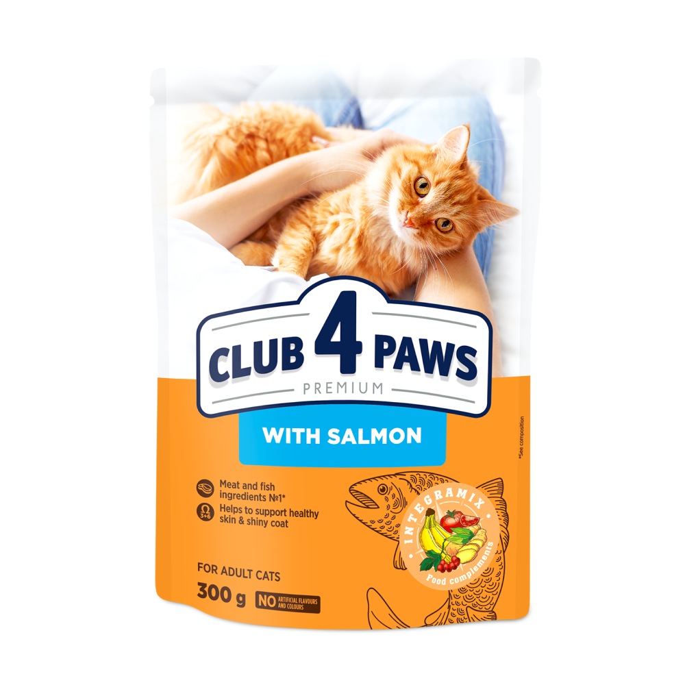 Повнораціонний сухий корм для дорослих кішок CLUB 4 PAWS (Клуб 4 Лапи) Преміум з лососем, 300 г