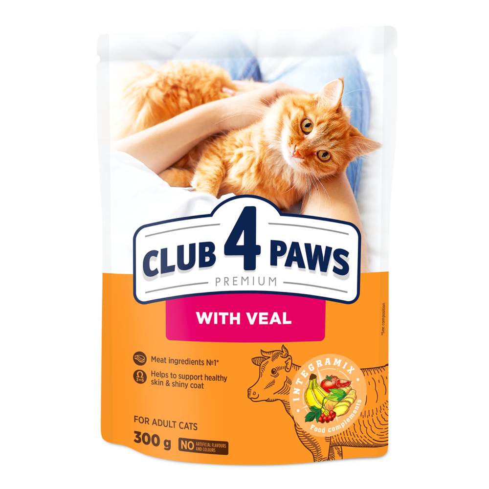 Повнораціонний сухий корм для дорослих кішок CLUB 4 PAWS (Клуб 4 Лапи) Преміум з телятиною, 300 г
