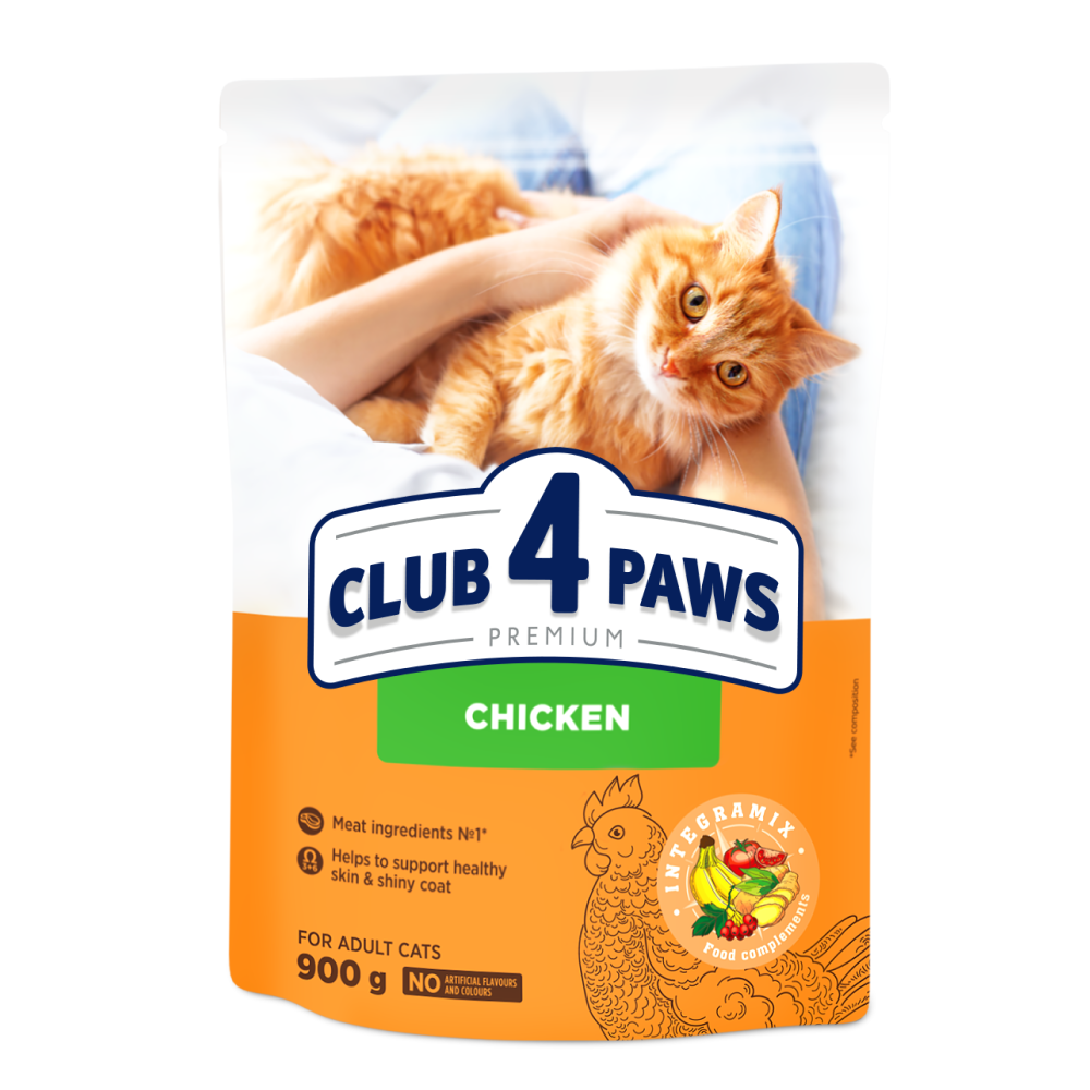 Повнораціонний сухий корм CLUB 4 PAWS (Клуб 4 Лапи) Преміум для кішок з куркою, 900 г