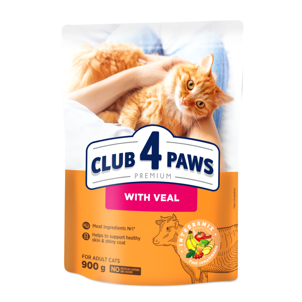 Повнораціонний сухий корм для дорослих кішок CLUB 4 PAWS (Клуб 4 Лапи) Преміум з телятиною, 900 г
