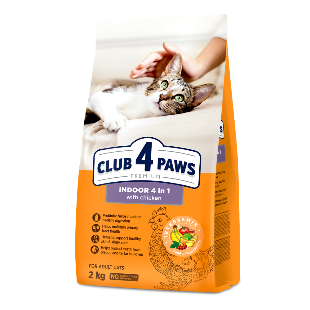 Повнораціонний сухий корм для дорослих кішок Club 4 Paws (Клуб 4 Лапи) Преміум 4 в 1 що мешкають у приміщенні (курка), 2 кг