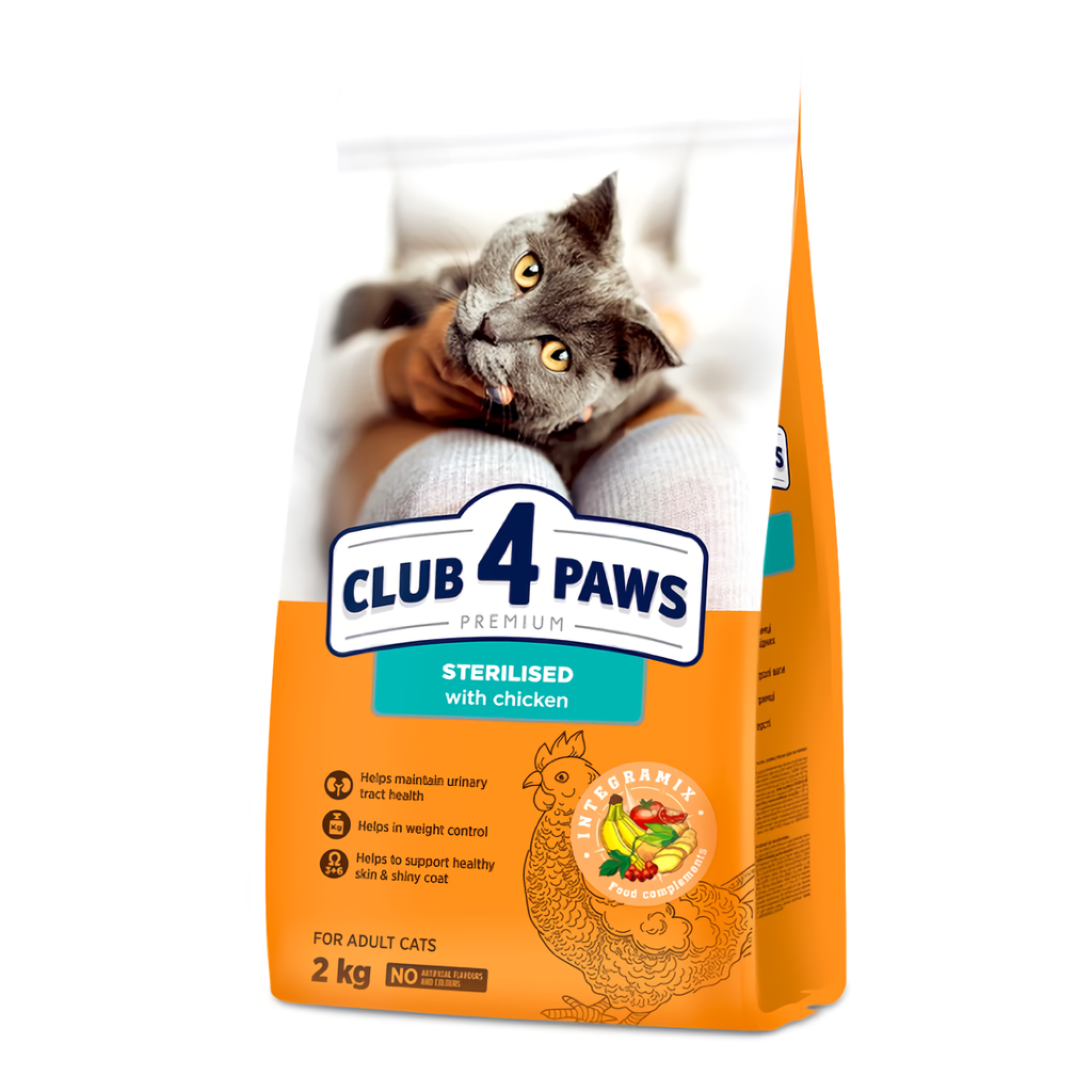 Повнораціонний сухий корм для дорослих стерилізованих кішок CLUB 4 PAWS (Клуб 4 Лапи) Преміум, 2 кг