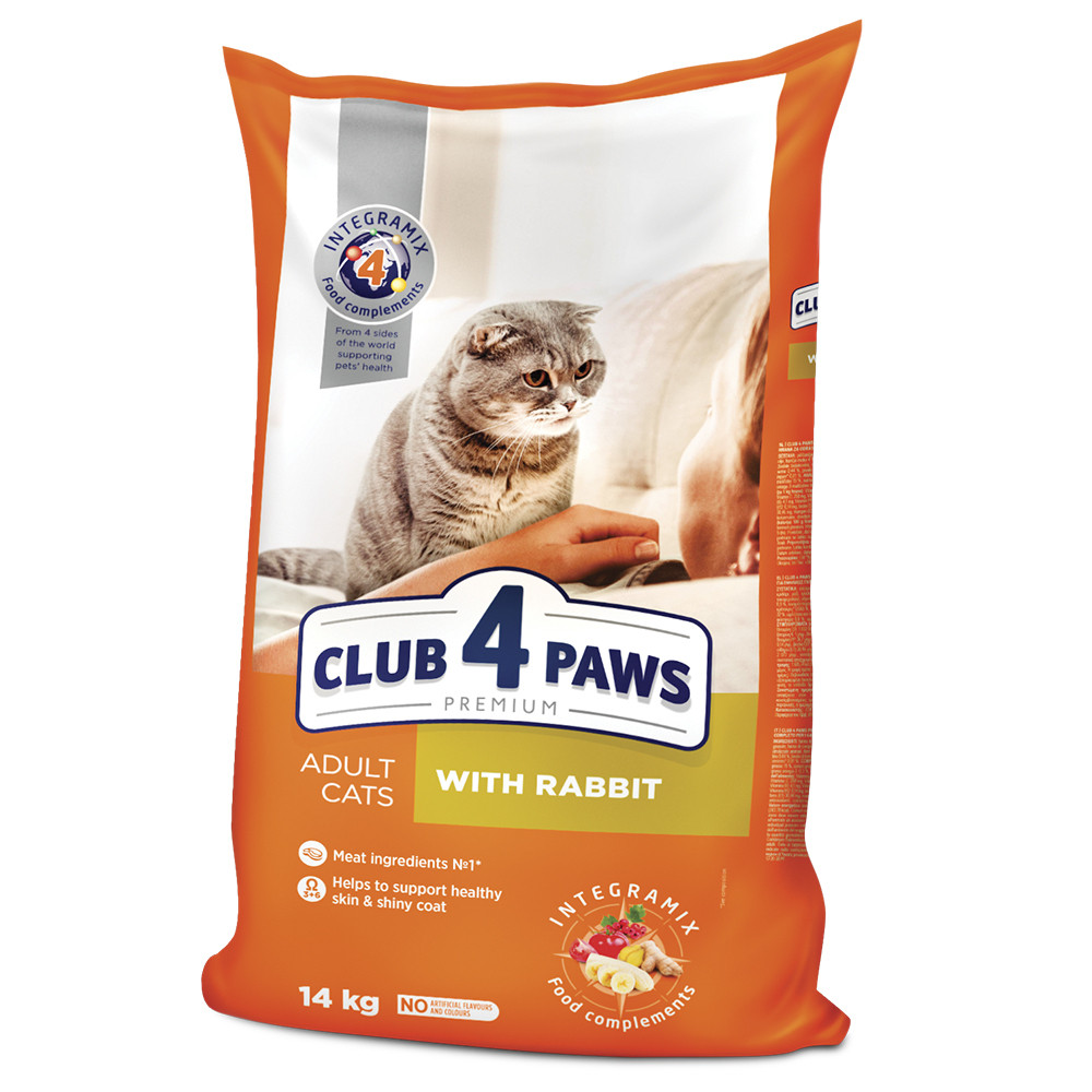 Повнораціонний сухий корм для дорослих кішок CLUB 4 PAWS (Клуб 4 Лапи) Преміум з кроликом, 14 кг