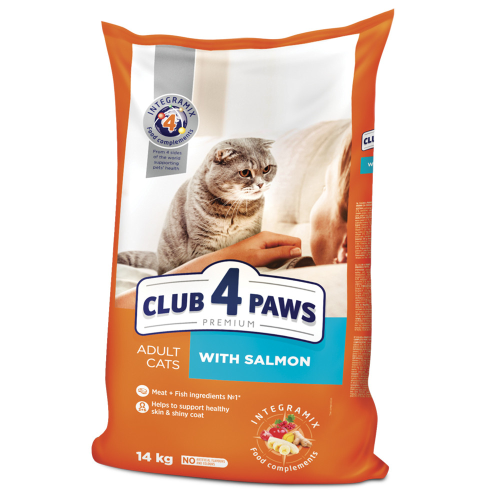 Повнораціонний сухий корм для дорослих кішок CLUB 4 PAWS (Клуб 4 Лапи) Преміум з лососем, 14 кг