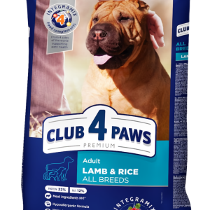 Повнораціонний сухий корм CLUB 4 PAWS (Клуб 4 Лапи) Преміум з ягням і рисом для дорослих собак всіх порід, 14 кг