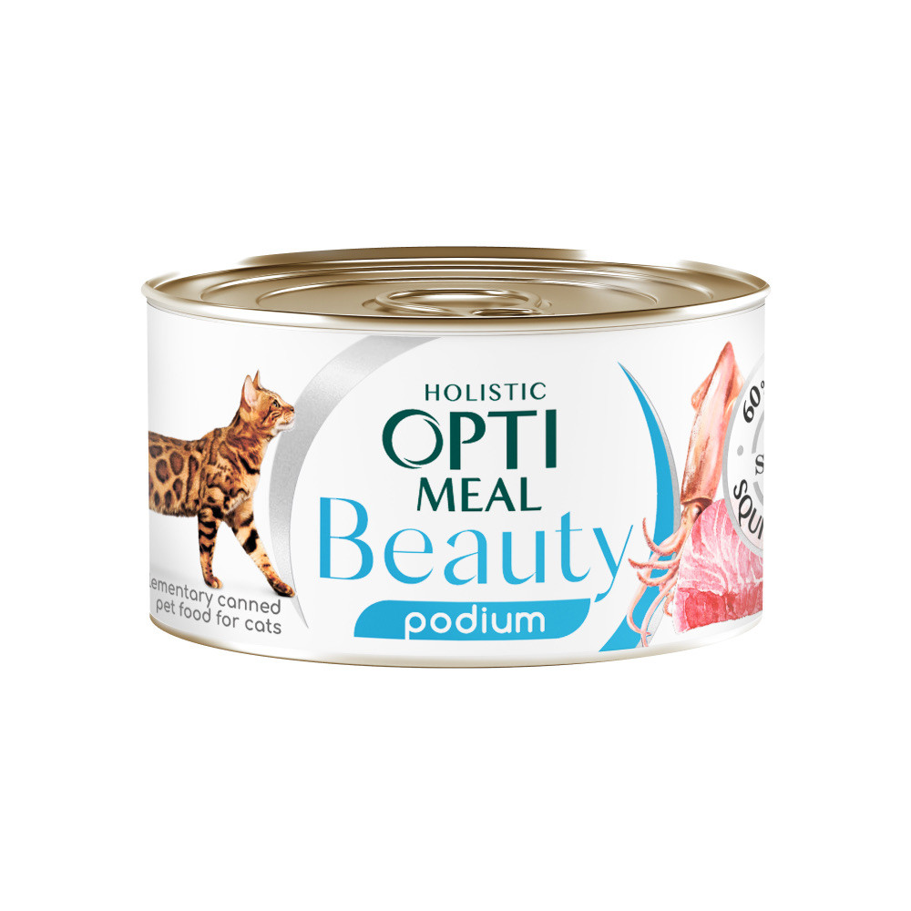 Консерва для дорослих кішок Optimeal Beauty (Оптіміл) з тунцем і кільцями кальмарів у соусі для догляду за шерстю/зубами, 70 г