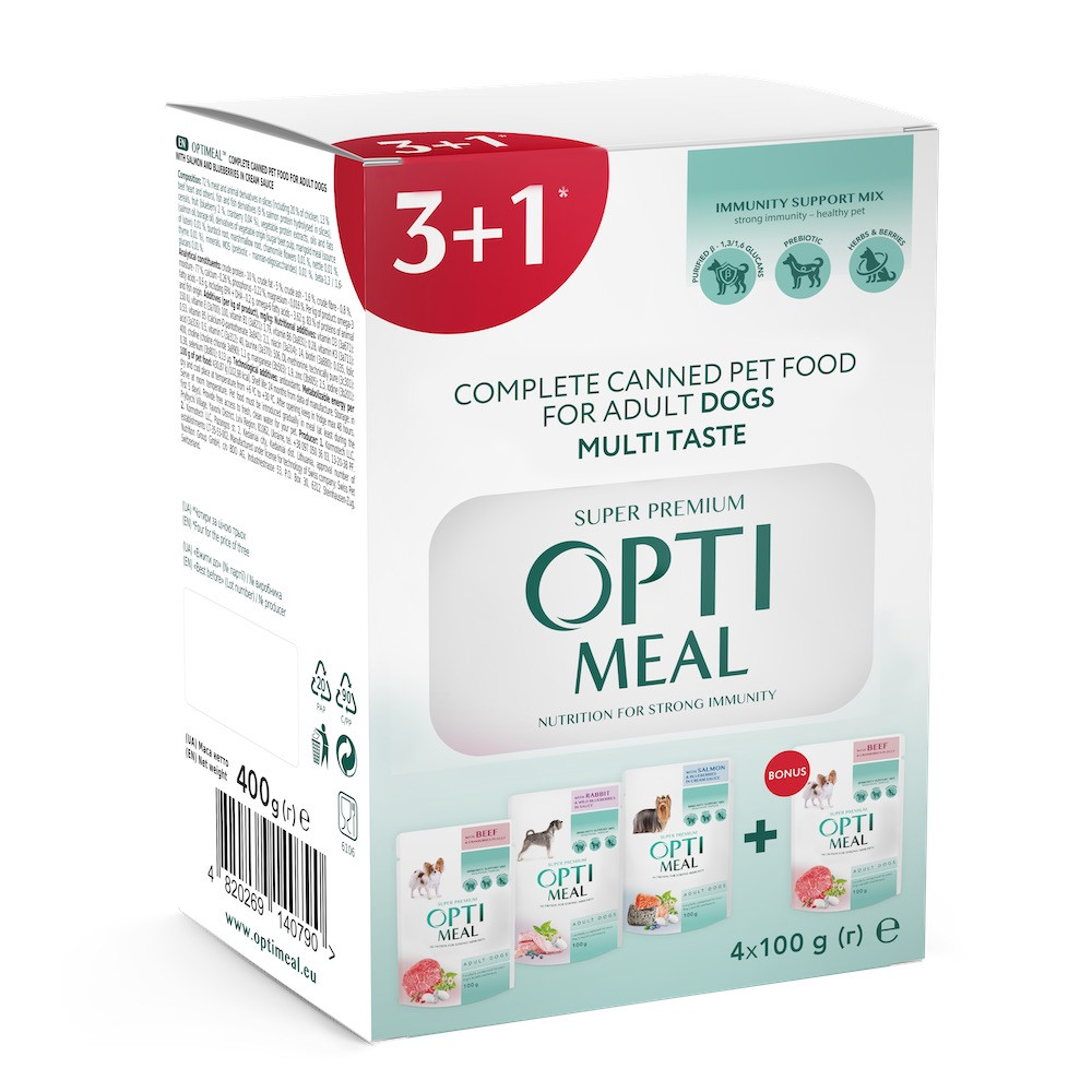 Набір повнораціонного вологого корму Оптіміл Optimeal Adult Dogs Multi Taste для дорослих собак з різними смаками (4 шт)