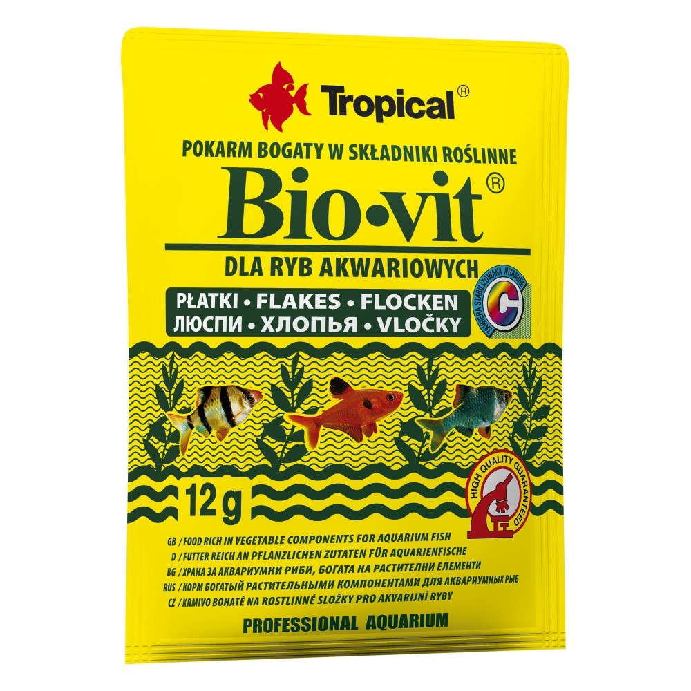 Сухий корм для акваріумних риб Тропікал Tropical Bio-Vit для травоїдних риб (пластівці), 12 г