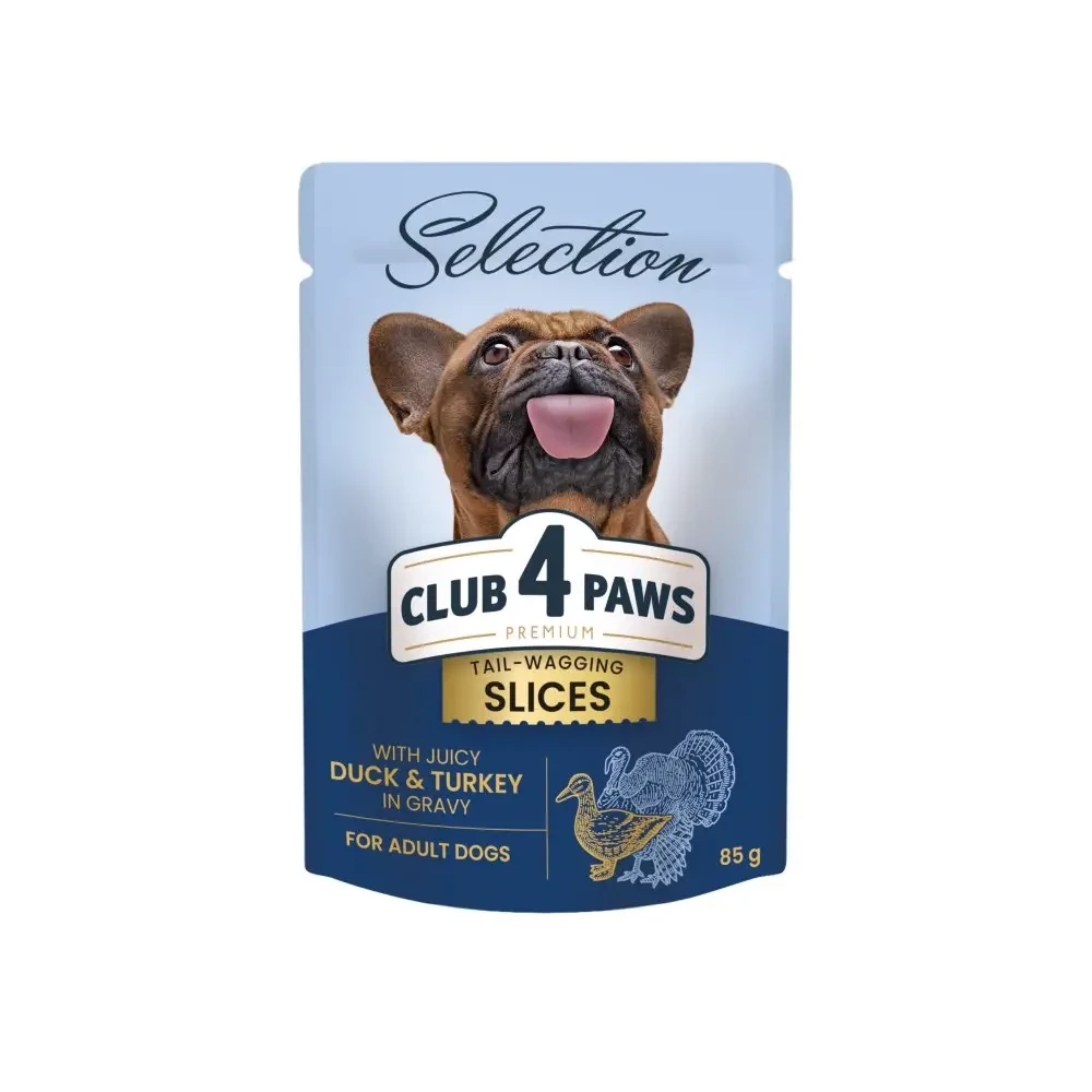 Корм для собак малих порід CLUB 4 PAWS (Клуб 4 Лапи) Premium Plus Selection шматочки з качкою та індичкою в соусі, 85 г