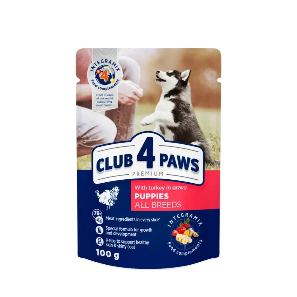 Повнораціонний консервований корм CLUB 4 PAWS (Клуб 4 Лапи) Преміум для цуценят з індичкою в соусі, 100 г