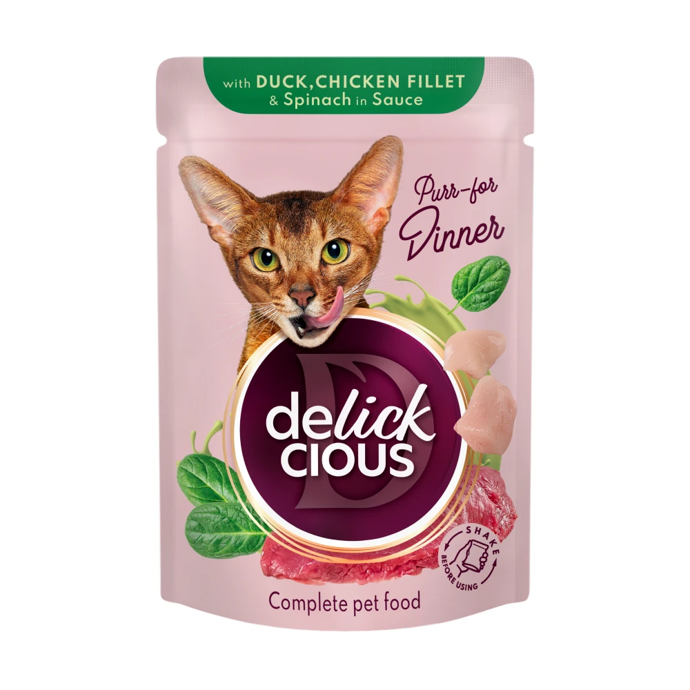 Вологий корм для дорослих котів Делікшес Delickcious шматочки з качкою, курячим філе і шпинатом в соусі, 85 г