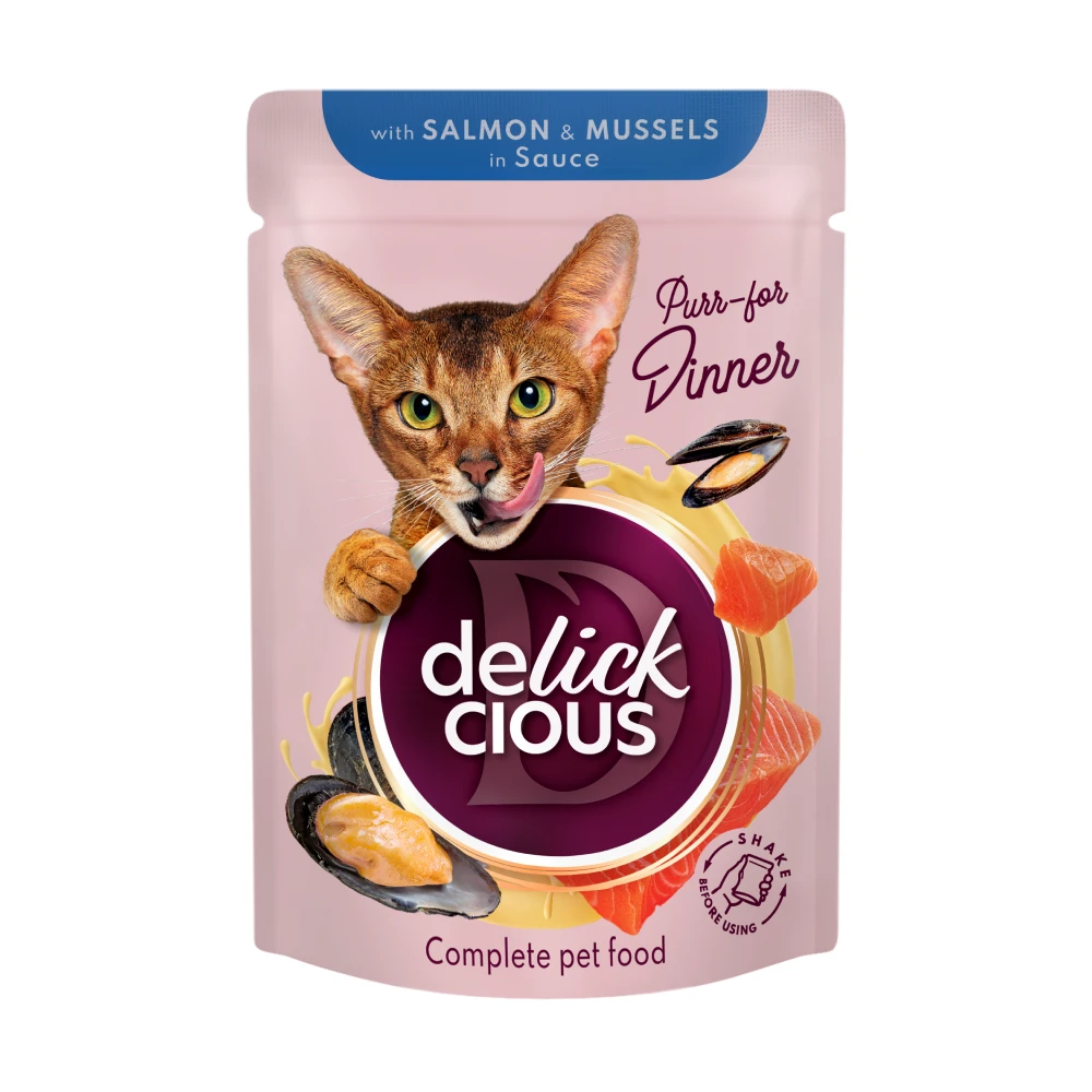 Вологий корм для дорослих котів Делікшес Delickcious шматочки з лососем і мідіями в соусі, 85 г