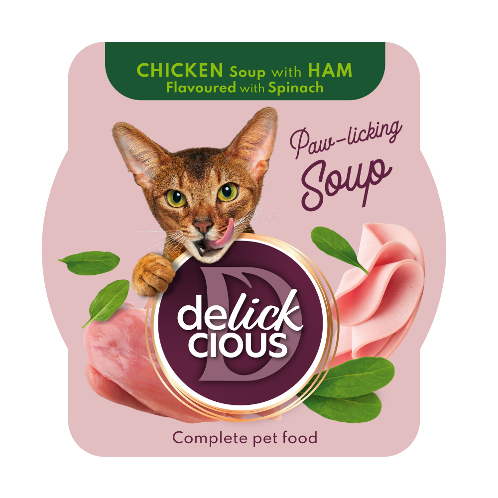 Повноцінний корм для дорослих котів Делікшес Delickcious суп з курки з шинкою та додаванням шпинату, 80 г