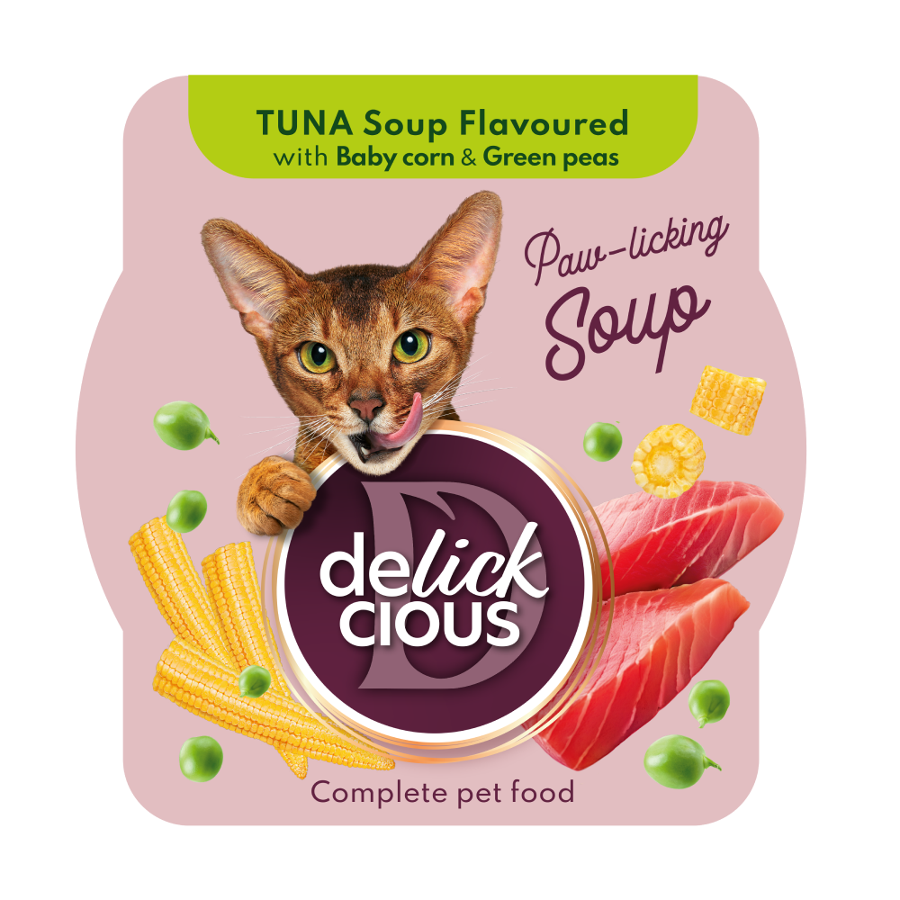 Повноцінний корм для дорослих котів Делікшес Delickcious суп з тунця з кукурудзою та зеленим горошком, 80 г