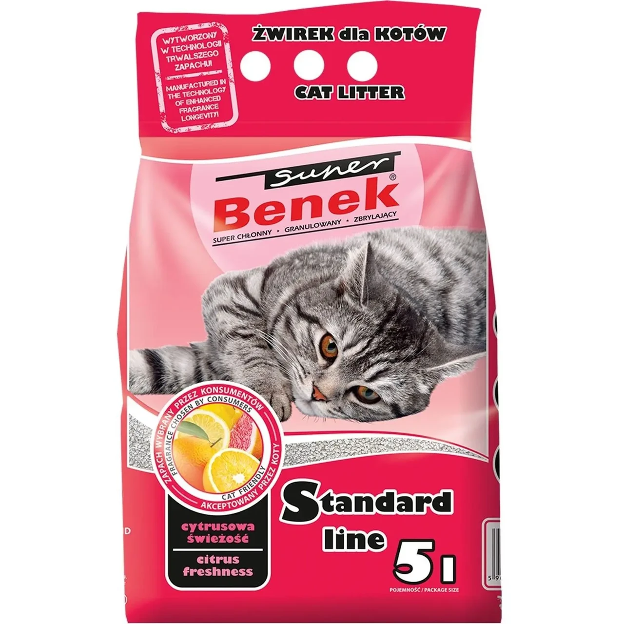Наповнювач бентонітовий Супер Бенек Super Benek Standard Citrus для котячих туалетів цитрус (середній), 5 л