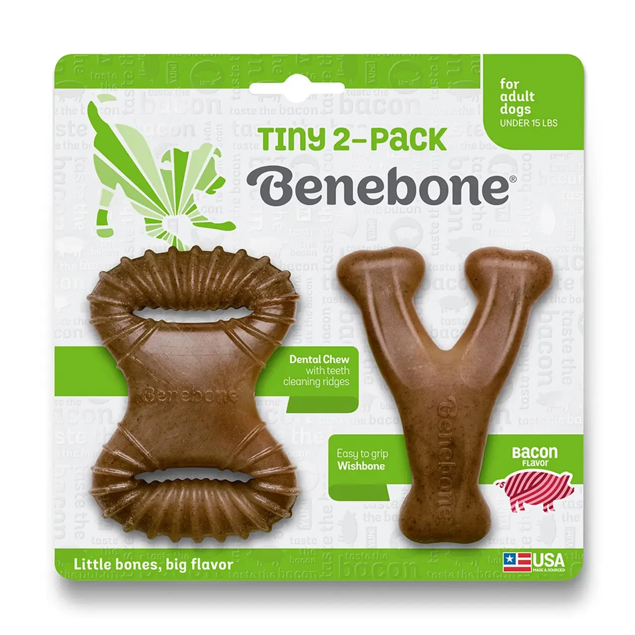 Набір жувальних іграшок для собак Benebone Tiny 2-Pack (Дентал кістка+Важіль) зі смаком бекону для собак до 7 кг